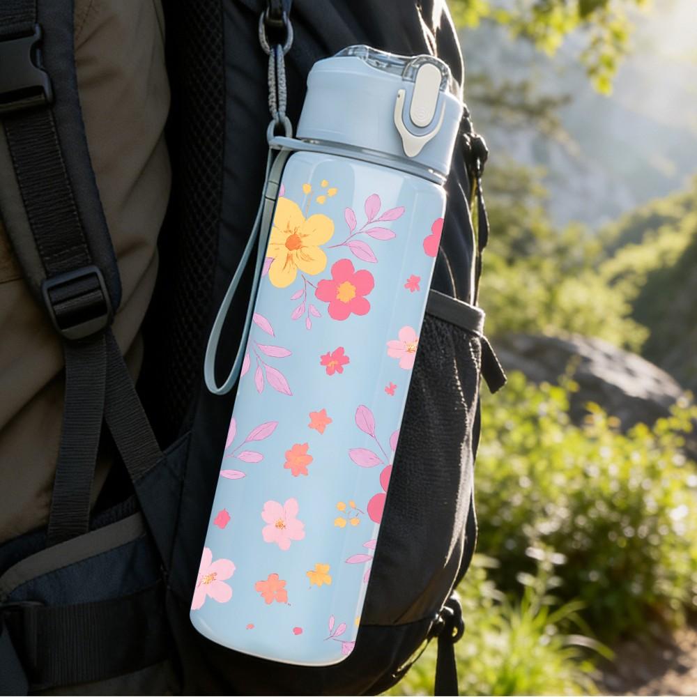 1PC Pastel Pink Floral 750ml Color Plastic Sports Water Bottle Leakproof Flip Straw Lid Suitable for Sports Office Home Use
