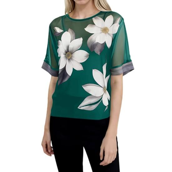 

Women Tops Round Neck Short Sleeve Perspective Shirt Loose Fit Flower Print Chiffon Summer T-shirt Work Party Vacation Daily Wear XXL зелёный