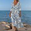 Dresses For Womens Vintage Print Tunic Waisted Midi Dress Summer Casual 3/4 Sleeve Dress
