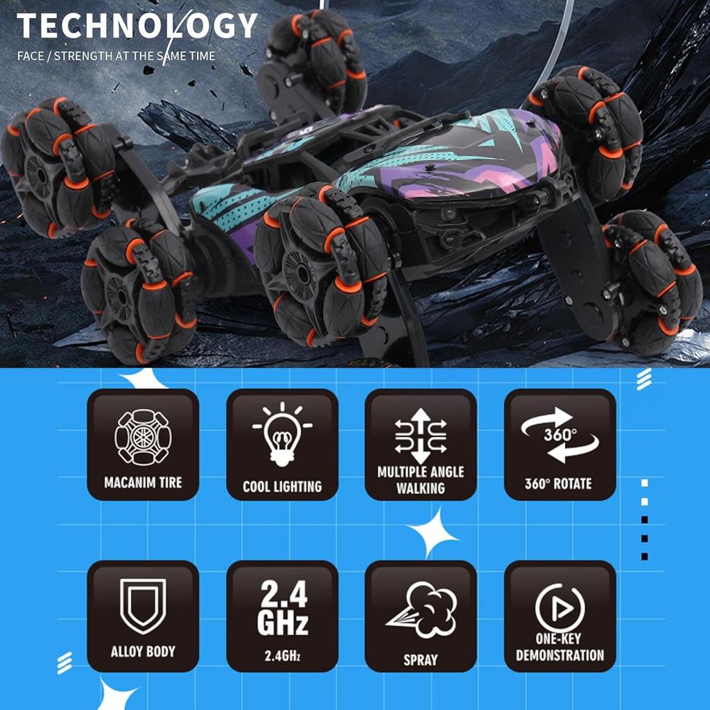 Scientoy Remote Control Car, 2.4Ghz RC Stunt Car Toys for Boys Girls Ages 6-8-10 with Lights Music Spray, 8 Wheels All Terrain R
