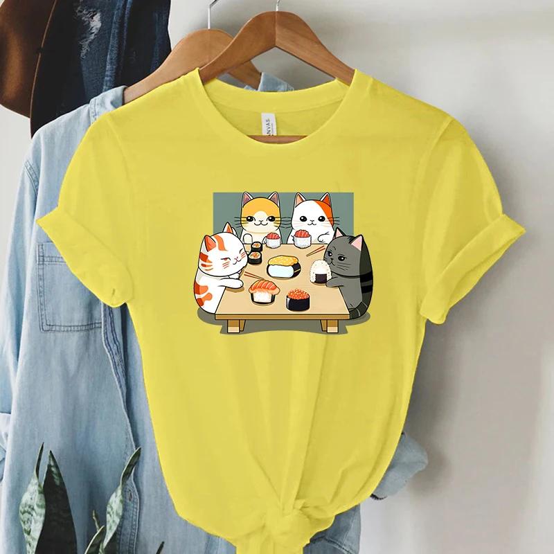 Cat Party Kawaii T Shirt Women Summer Tops Sushi Graphic T Shirts Casual Fashion Tee Shirt Trendy Korean Streetwear Y2k Tees