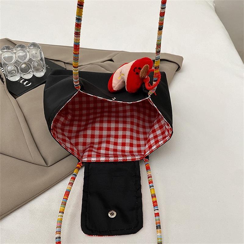 Casual Nylon Plaid Shoulder Bag With Pendant Dopamine Handbag Large Capacity Women Commuter Tote Bag  Trendy Armpit Bags