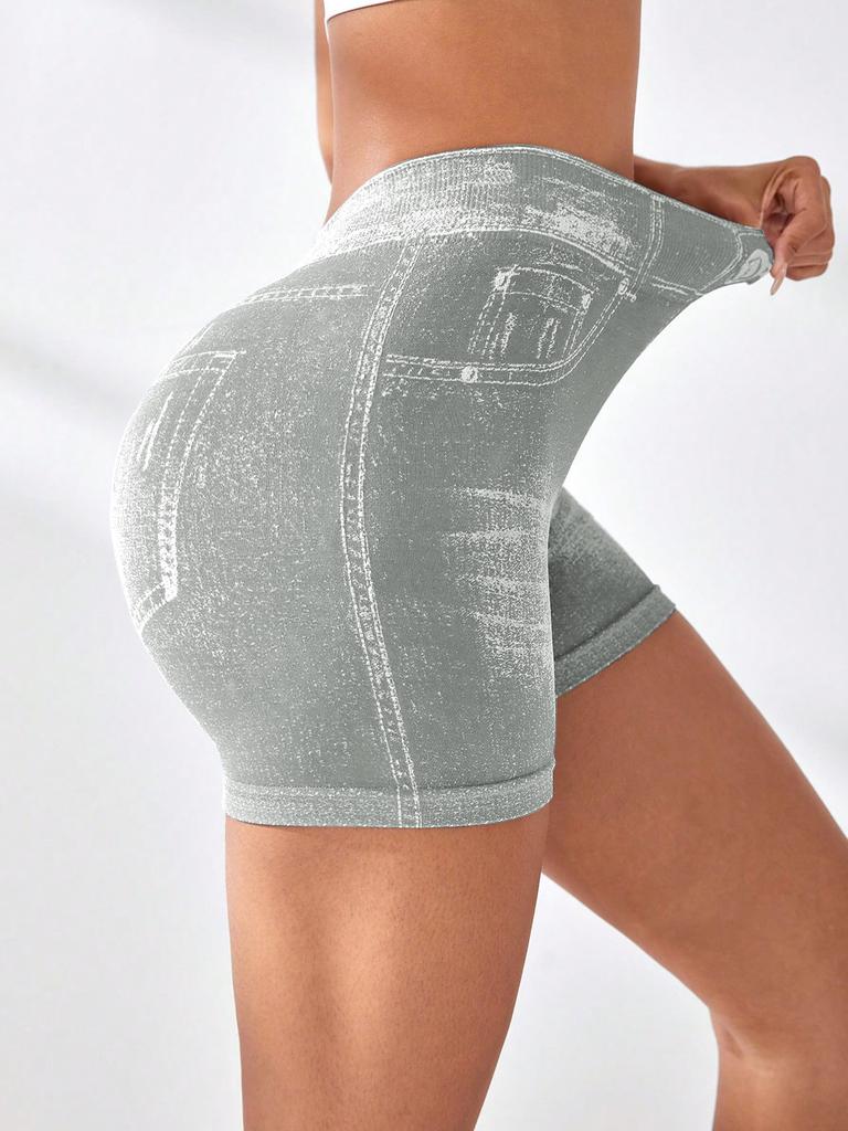 Nahtlose Yoga-Shorts für Damen in Jeans-Optik, hoher V-Bund hinten, Po-Lifting, eng anliegend, für Laufen, Fitness, Dreipunkt-Hose