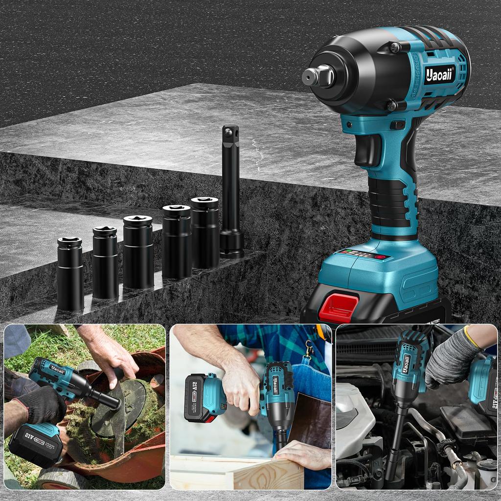 Enhanced Uaoaii Electric Impact Powerful Brushless Torque Rechargeable Cordless Electric 6 Infinitely Variable LED Tire Car Nut Bolt Tire with a
