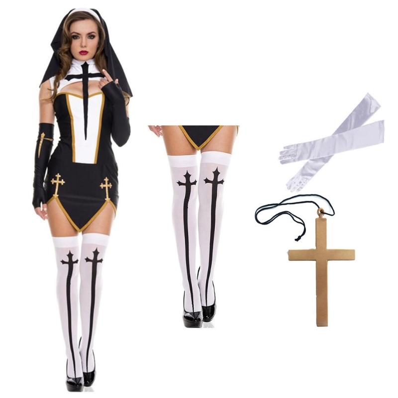 Nonnenkostüm mit Kreuzanhänger-Halskette Nonnenhut Halloween Cosplay Partykostüm