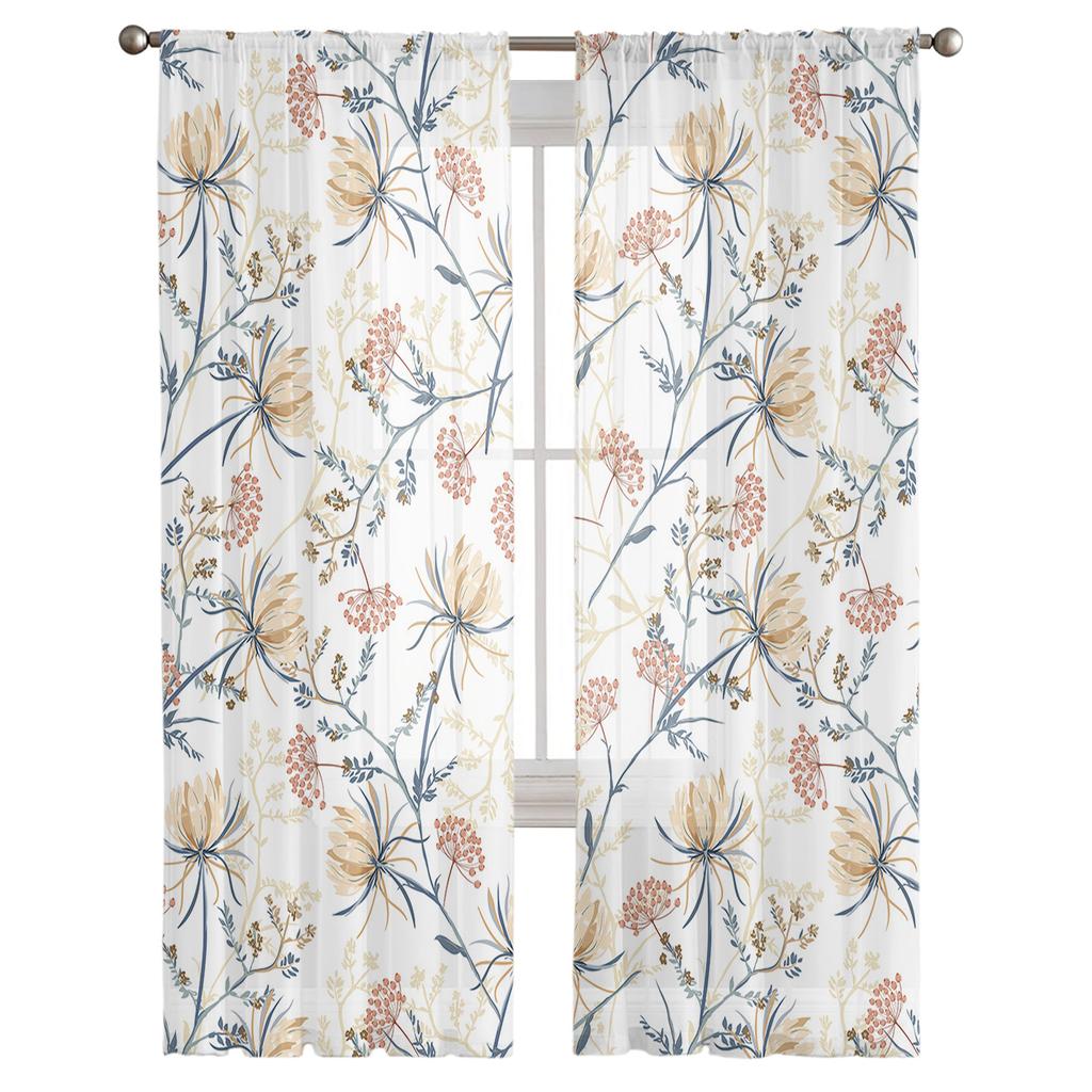 Snow Lotus Branches Leaves Flower Plant Sheer Curtains for Living Room Tulle for Windows Voile Yarn Short Bedroom Curtains