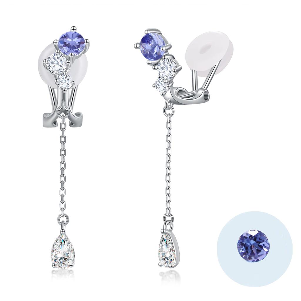 Tanzanite Earrings for December Silver 40s FH.bird Women, Popular, Birthstone, 4.5mm, Hypoallergenic, 925, Non-Pierced Earrings, Drop, Brand, Stylish,