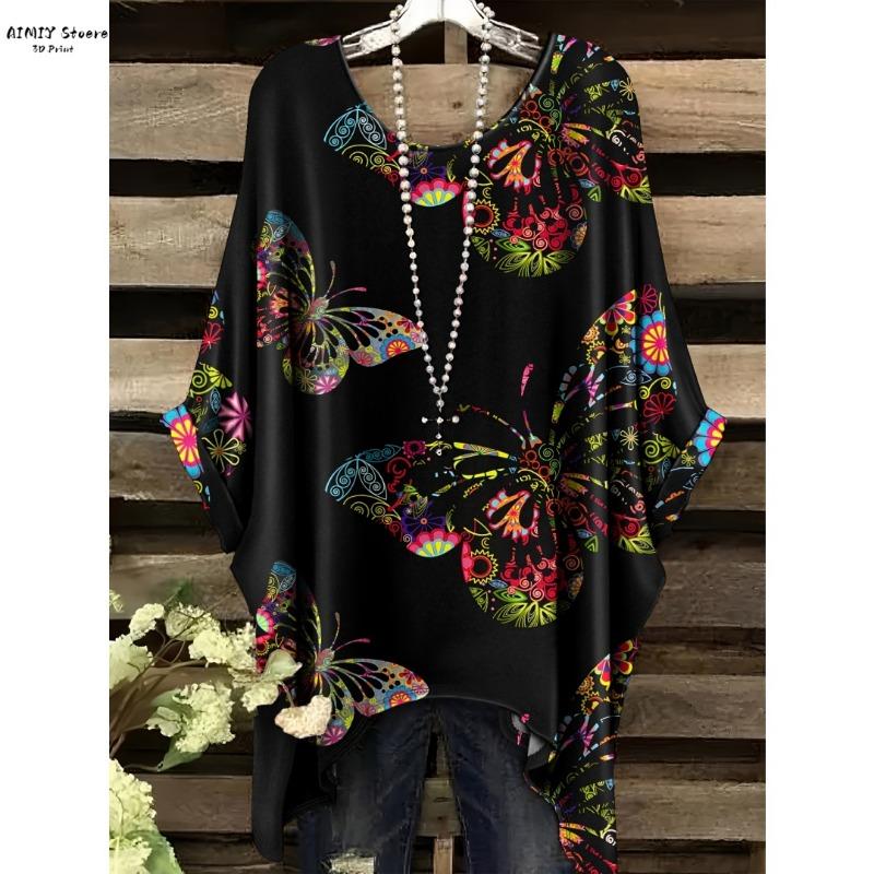 2025 Elegant Bohemian Women's T-shirt Flower Butterfly Bottom Round Neck Multi functional Summer Machine Washable