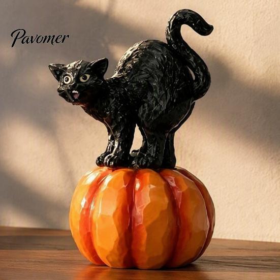 Black Cat Sculpture with Pumpkin Halloween Ornament, Vintage Wood Carving Style Decorative Resin Crafts for Entrance Figurine, Spooky Tabletop