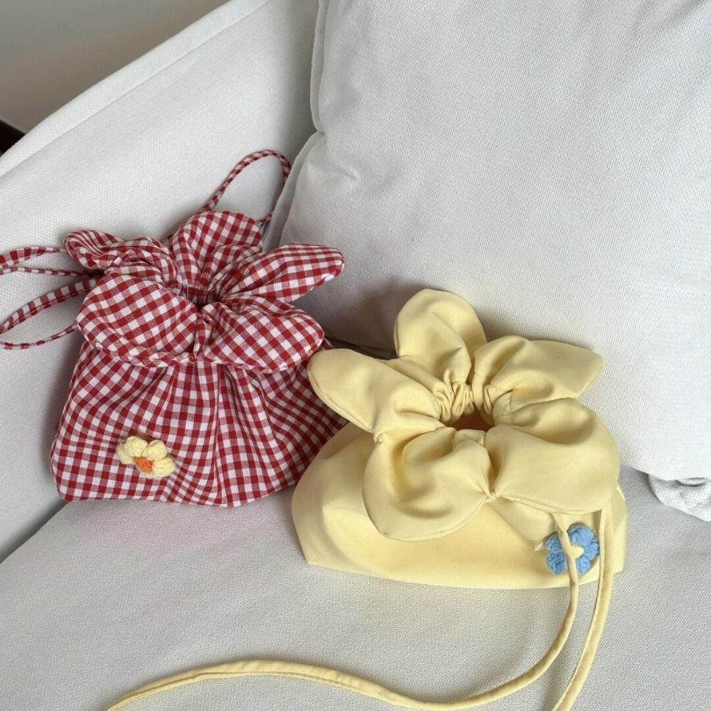 Cute Flower Handbag Korean Style Small Crossbody Bag Casual Plaid Drawstring Bag Outdoor