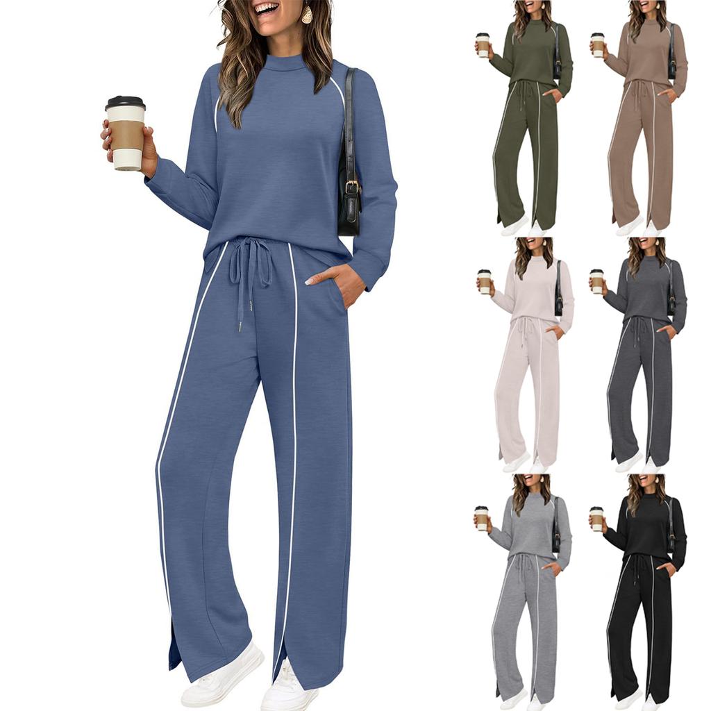 Women's Fashionable Solid Color Round Neck Long Sleeved Pullover Sweatshirt With Elastic Waistband And Split Hem Casual Sweatpants Two-piece Set