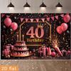 2D 40th Birthday Party Backdrop Black Pink Glitter Balloon and Cake Photo Background