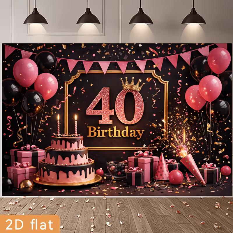 2D 40th Birthday Party Backdrop Black Pink Glitter Balloon and Cake Photo Background