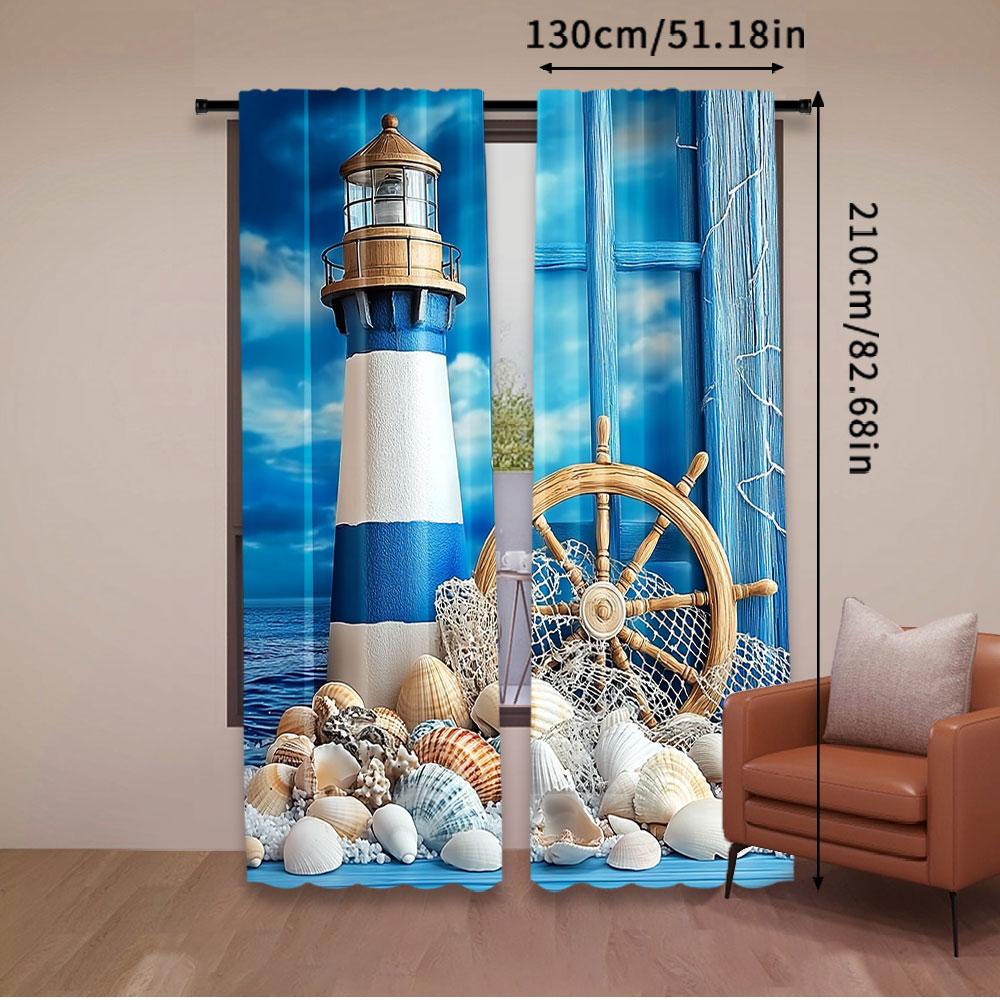 2Pcs Blue Wooden Nautical Curtain Sailor Sailing Ship Boat Rudder Fishing Net Lighthouse For Living Room Bedroom A