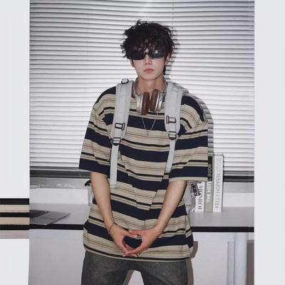 Men's Trendy Striped Short-Sleeve Summer Tee - Versatile, Loose-Fit for Couples