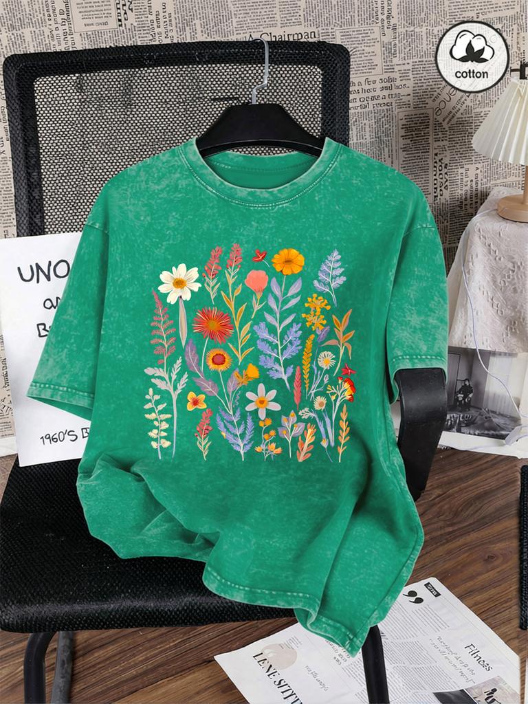 Beautiful Flowers And Ferns Prints Washed TShirts Women Cotton Oversized T Shirt Summer Short Sleeve Tops Casual ONeck Clothes
