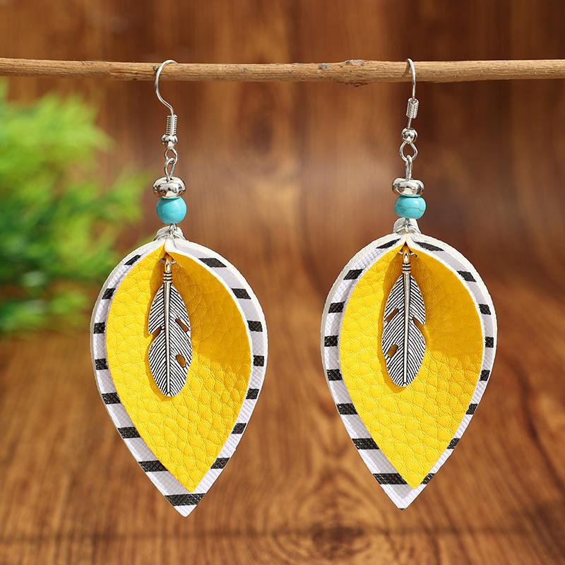 Богемный Стиль Ярко-Желтые Color Block Полосатые Кожаные Серьги Модные Винтажные Заявление Серьги Для Женщин Ежедневные Праздничные Украшения