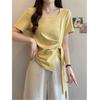 Irregular summer bottoming shirt large size women's short drawstring T-shirt short sleeve T-shirt round neck niche v-neck strap French