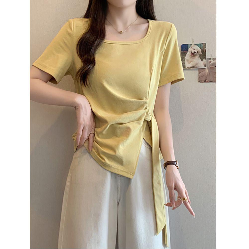 Irregular summer bottoming shirt large size women's short drawstring T-shirt short sleeve T-shirt round neck niche v-neck strap French