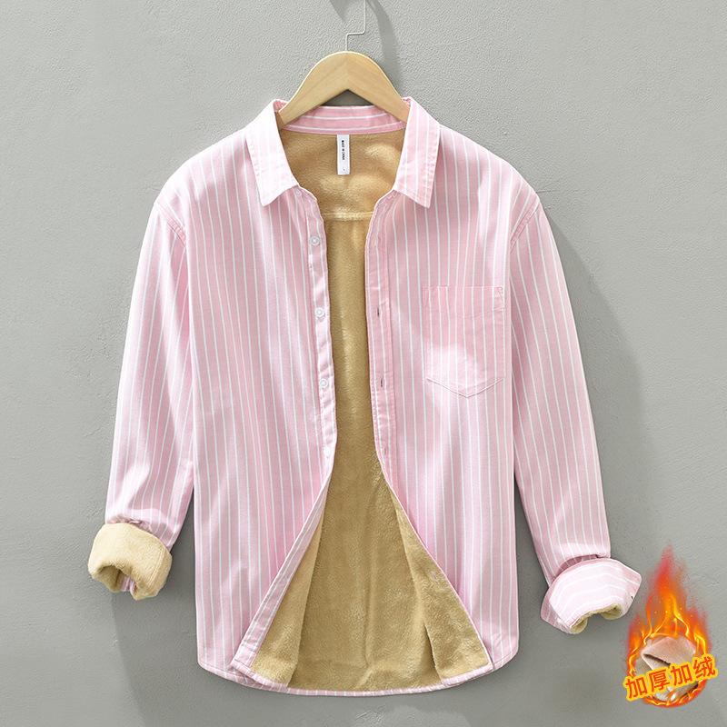 Winter Warm Men Tops Daily Casual Long Sleeve Striped Shirts for Men Pure Cotton Men Clothing Lapel Collar Fleece Shirt with Pocket