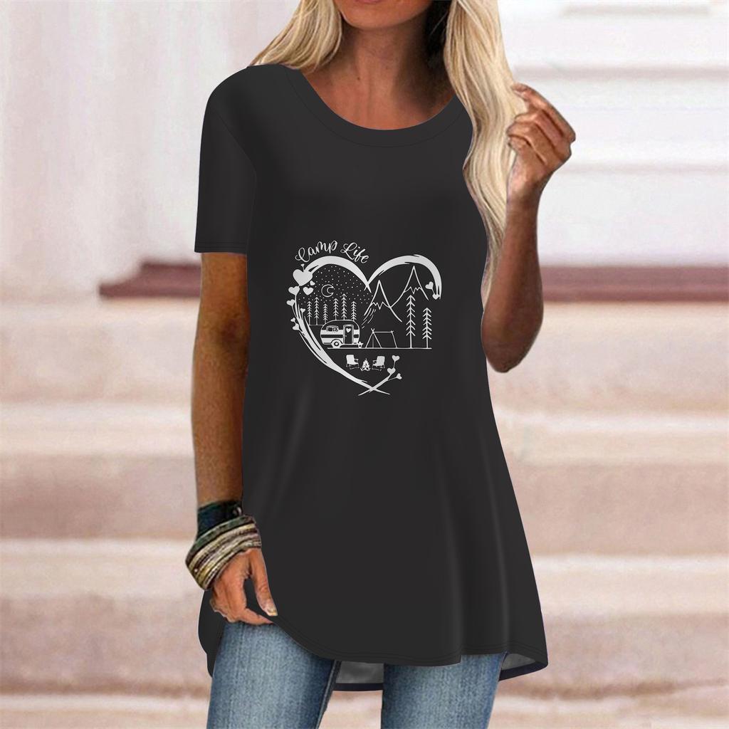 Plus Size Women Summer Gray Heart Letter Printed Comfy Short Sleeve Round Collar T-shirt Casual Baggy Mid Length Tee Tops