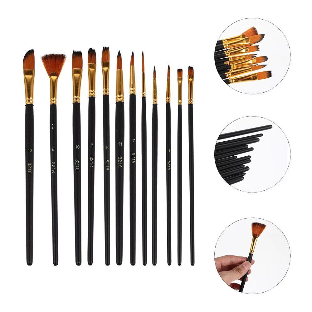 12Pcs/Set Nylon Hair Painting Brush Set Acrylic Materials Watercolor Gouache Oil Painting Brush Short Wood Rod Multi-functional