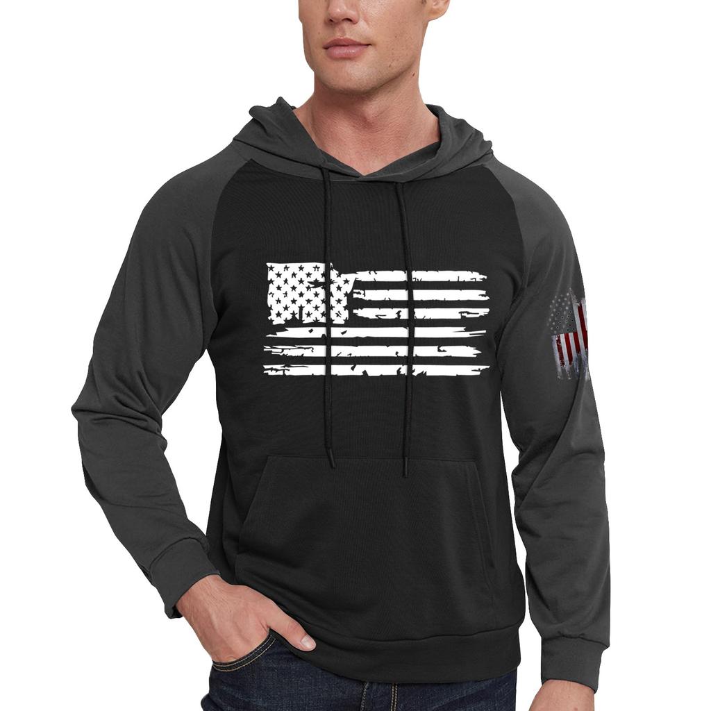 Men's Casual Hooded Drawstring Long Flag Print Sweatshirt With Pockets