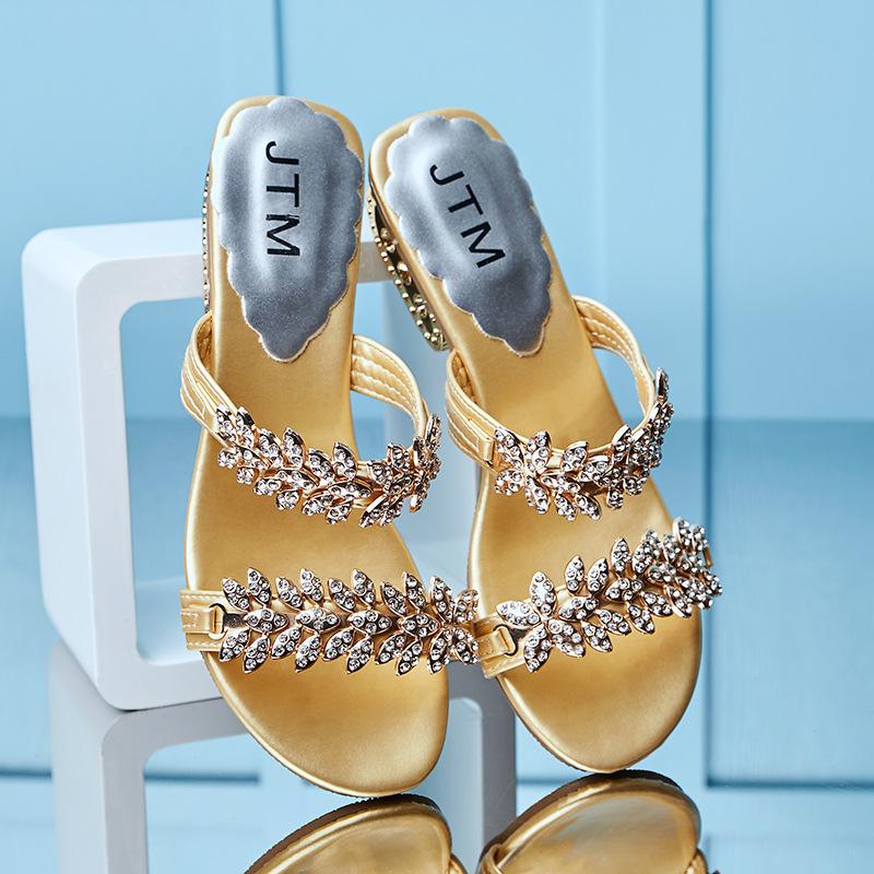 Summer new rhinestone sandals large size thick heel sandals fashionable outer wear one word medium heel women's shoes