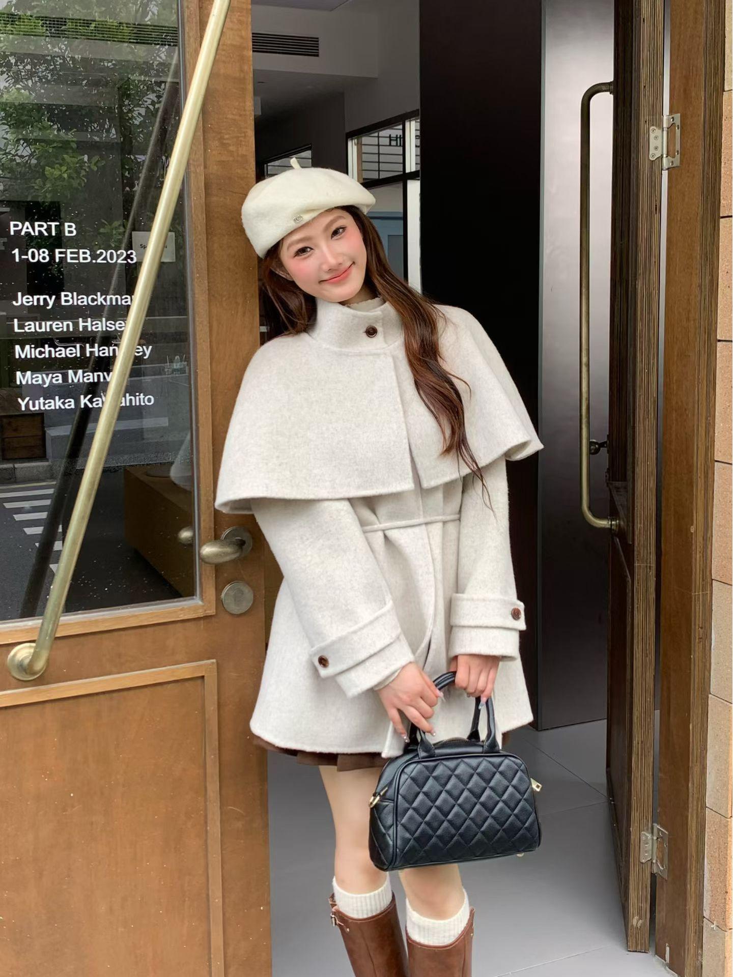 

25 Новое французское женское пальто из шерсти класса люкс - Кейп-шаль средней длины, приталенное пальто для осени и зимы M (65-80 kg)