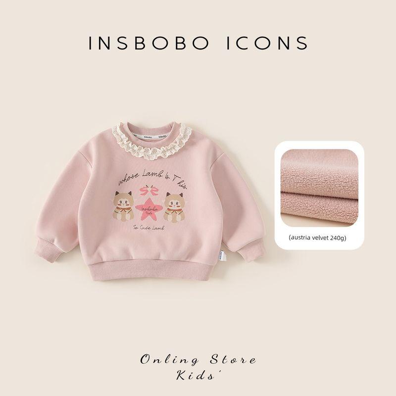 Insbobo Girls Sweatshirt 2025 Autumn and Winter New Style Baby Girl Fleece Top Cute Baby Winter Clothes Winter Wear Pink 90