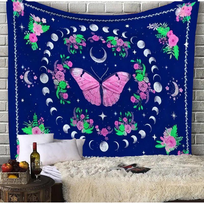 Purple Butterfly Moon Phases Tapestry Wall Hanging Floral Mushroom Witchy Celestial Aesthetic Wall Art Bedroom Dorm Decor