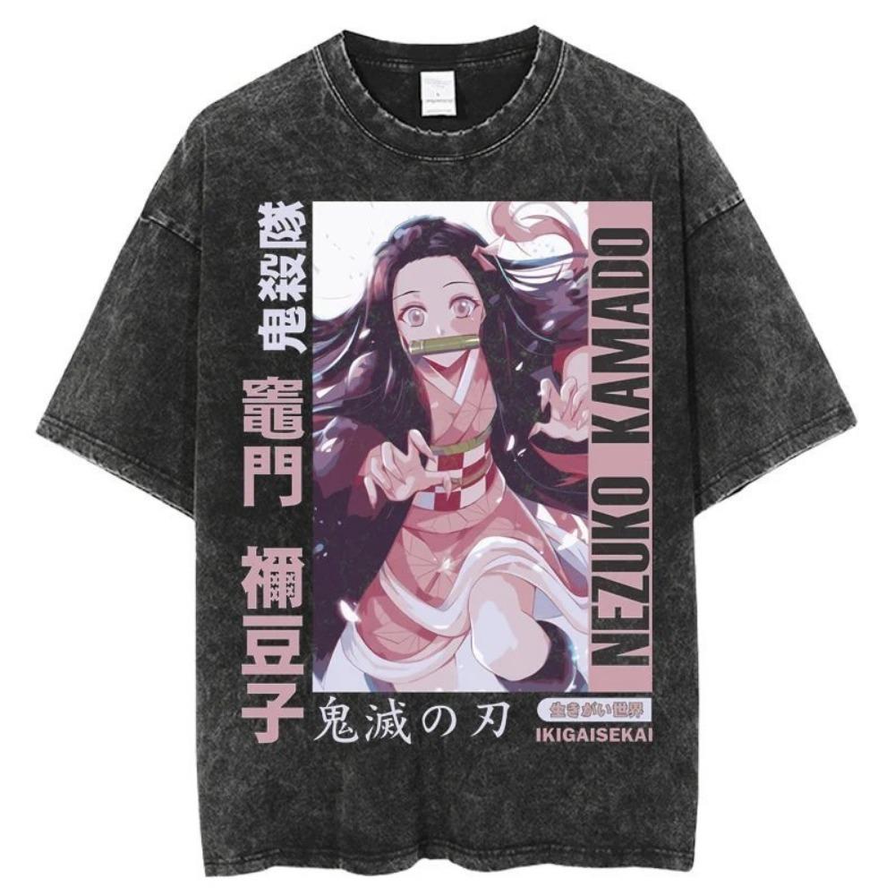 Summer Retro Washed Style Demon Slayer Blade Anime Printed T-shirt for Men Anime Fans and Enthusiasts T-shirt