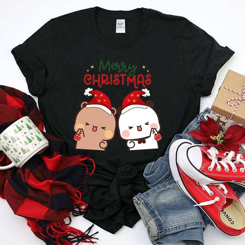 Merry Christmas Cute Funny Bubu Dudu Cartoon Emoticon Graphics Tshirt Ulzzang Men Woman Cotton Tees Trendy Holiday Party Shirt