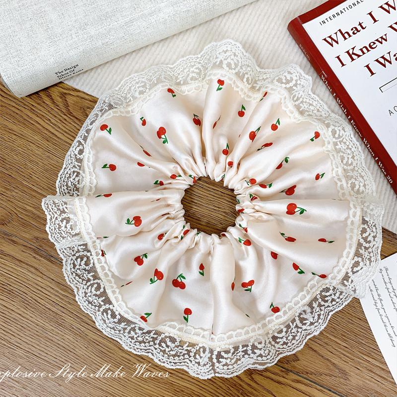 

1 шт. резинка для волос в корейском стиле с вишневым кружевом по краю в виде большого кишечника для женщин, высококачественный милый аксессуар для волос для прически «хвост» или «пучок».