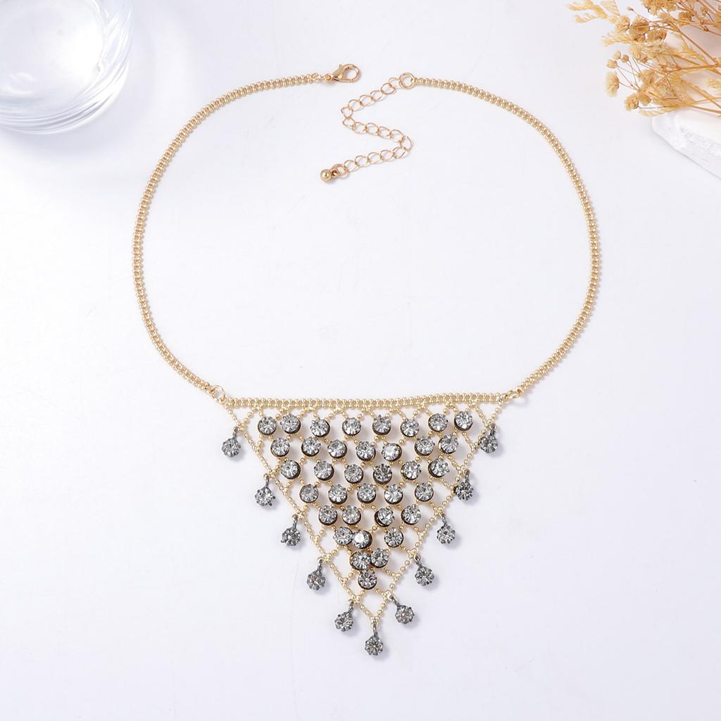 Bohemian Exquisite Light Luxury Inverted Triangular Tassel Grid Inlaid Zircon Pendant Necklace Sweater Chain Jewelry