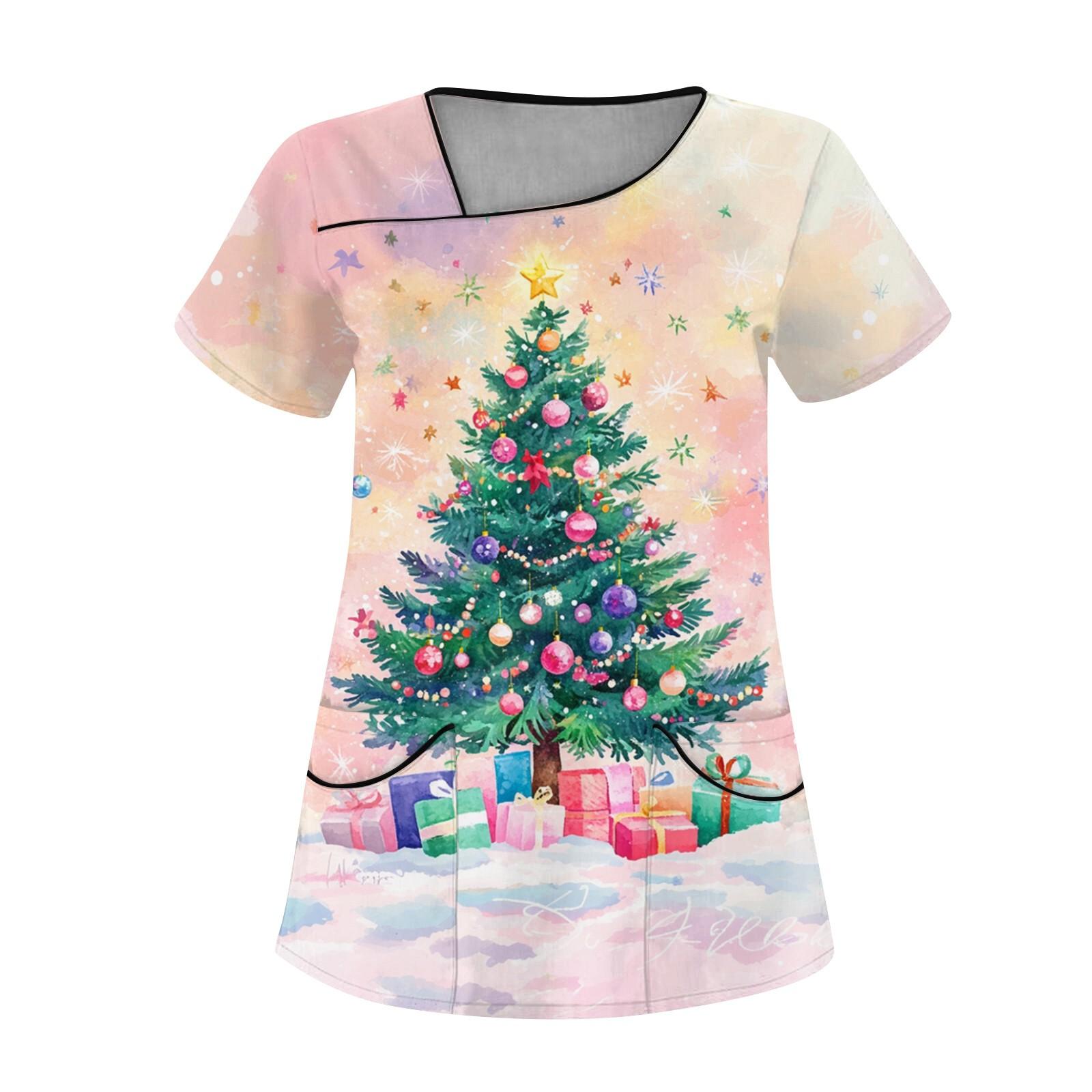 

Женская рабочая одежда с рождественским принтом, покатый воротник и двухслойные карманы, базовый пуловер сверху XXXL розовый