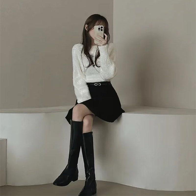 Autumn Winter Knitted Pleated Skirts Women Korean Fashion High Waist A-Line Skirts Ladies Elegant Streetwear Gray Skirt