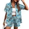 Plant-printed short-sleeved shirt, elastic waist shorts, two-piece set, vacation style casual suit, women's