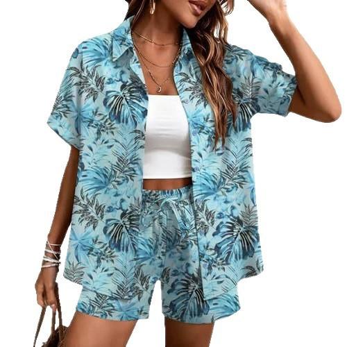 Plant-printed short-sleeved shirt, elastic waist shorts, two-piece set, vacation style casual suit, women's