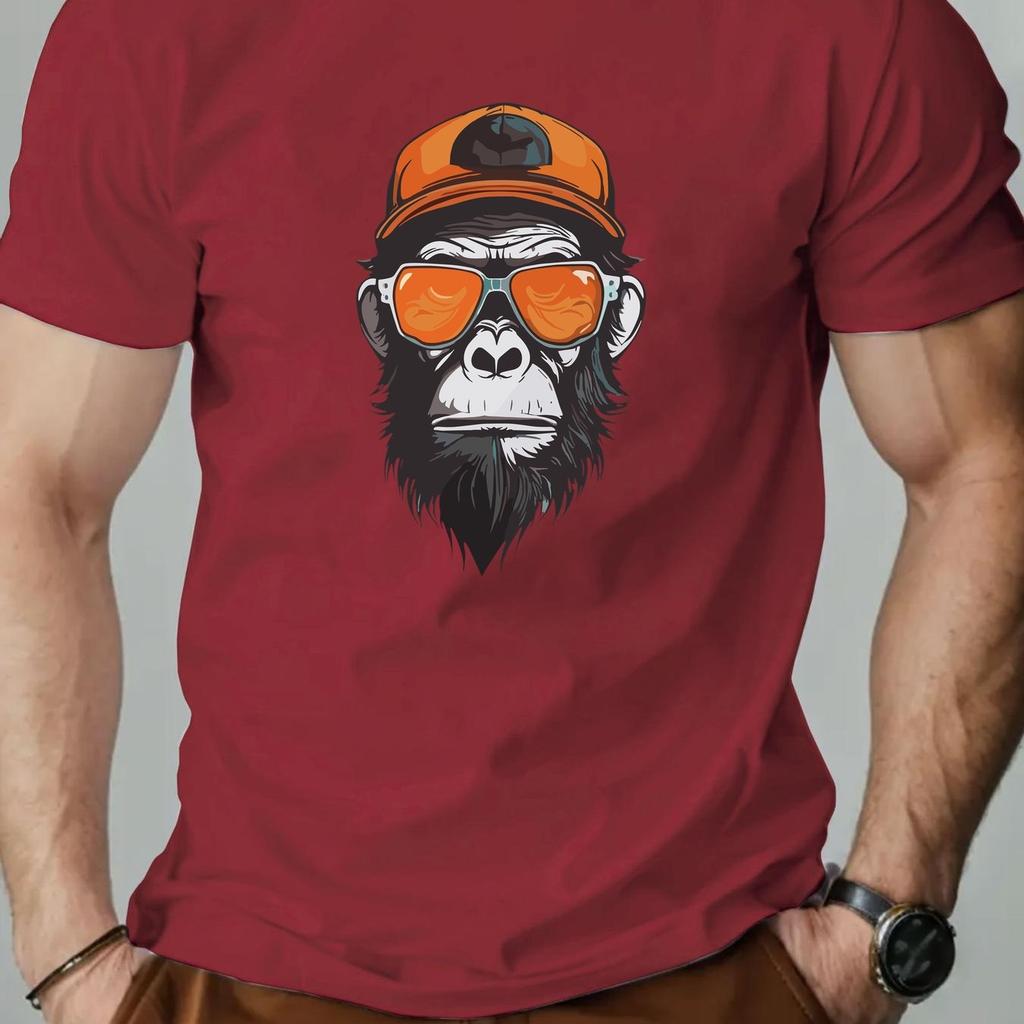 Men's Summer 100% Pure Cotton Fashionable Casual Sports Loose Monkey Pattern Printed Round Neck Short Sleeved T-shirts