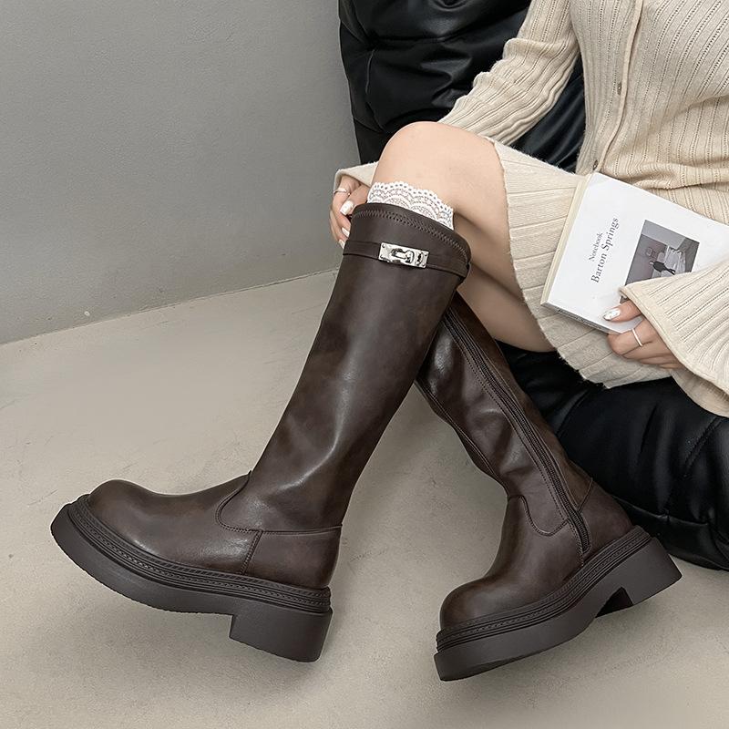 British style lock short boots women's autumn and winter fashion boots half boots heightening leather boots Martin boots thick heel medium boots