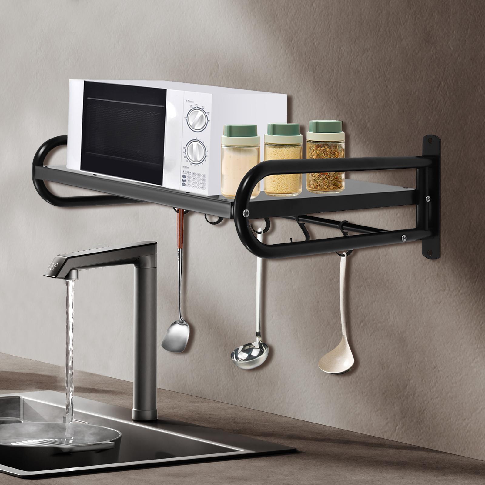 

Space Saving 53cm Black Wall Mount Shelf with 6 Hooks, Carbon Steel Microwave Oven Rack, Sturdy Kitchen Organizer for Countertop чёрный