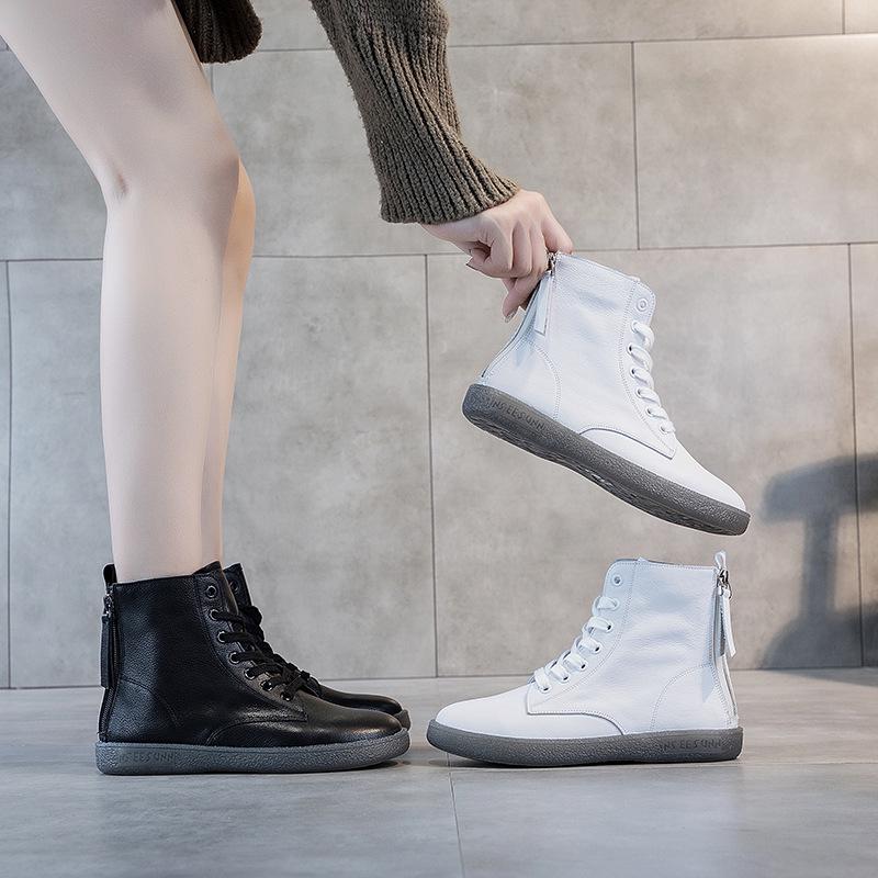 Women's Plus Size High-Top White Martin Boots - 2025 Versatile Autumn/Winter Flat-Bottom with Thickened Fleece and Double Zippers.