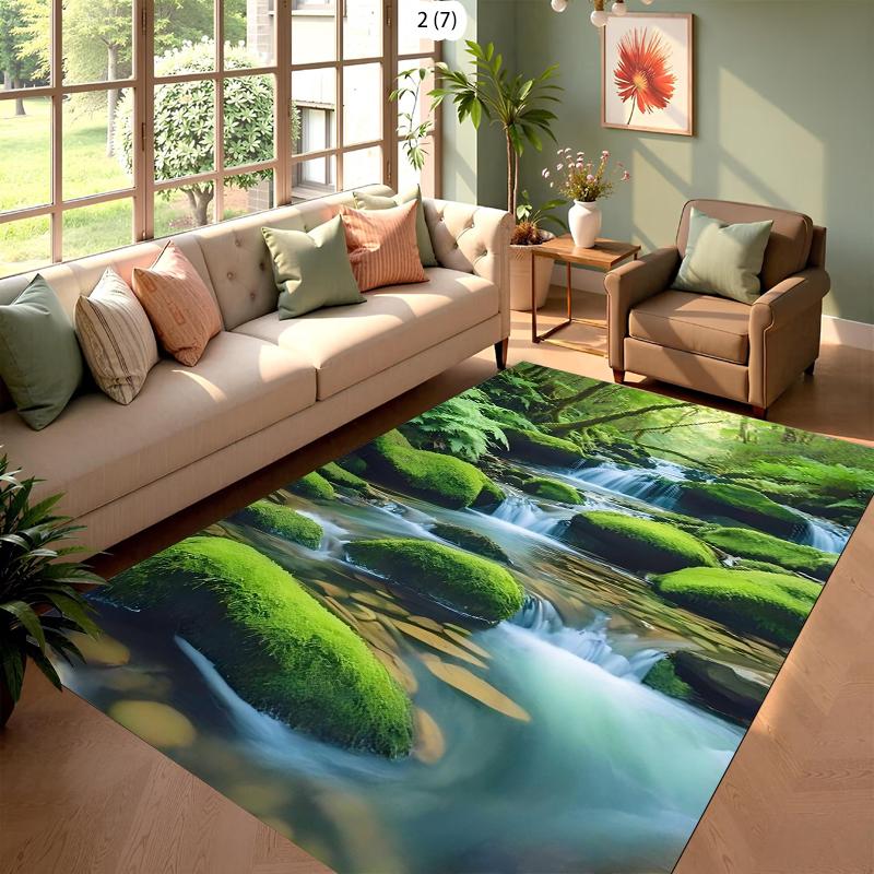 Rugs Forest Moss Shallow Stream Rug Carpet Mat Non-Slip for Living Room Bedroom Serene Home Decor