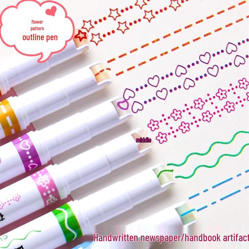 Creative 6-Color Wave Pattern Highlighter Set: DIY Outline & Curve Pens for Students