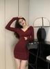 2026 Autumn and Winter Spice Girl Red Bow V-neck Dress Women's Clothing Korean Version Slim and Thin Hip-wrapped Short Skirt