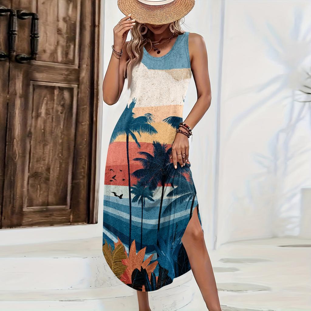 Women’s Sleeveless Hawaiian Print Long Casual Dress Loose Fit Maxi Dresses for Women Summer Dresses for Women Sundresses for Women