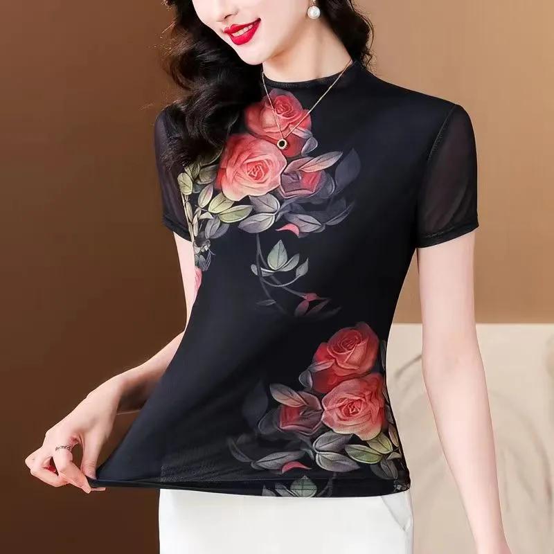 

Women s Black Rose Print Mesh Top Short Sleeve Mock Neck Slim Fit Casual Blouse L