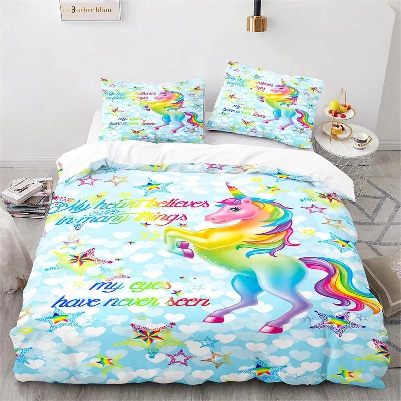 Cartoon Unicorn Floral Rainbow Girl's Eyelash Comfortable Duvet Quilt Cover Pillowcase Bedding Set Children Bedroom Home Textile