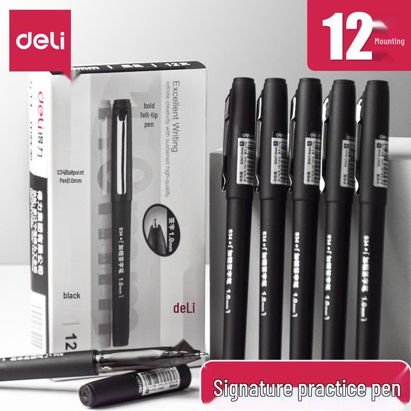 Deli S34 Gel Pen, 1.0mm Thick Bullet Tip, Black Signature Pen for Business & Practice 1.0mm